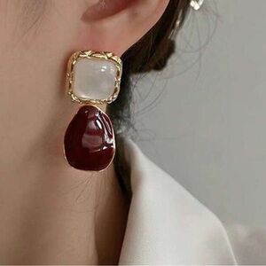 Women’s Red and White Earrings with Gold-Toned Frame